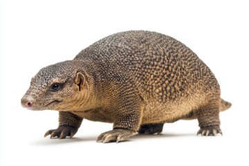 Fototapeta premium A beaded lizard walks against a white background.