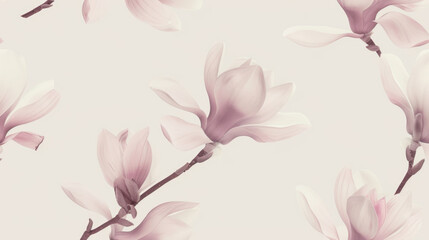 Obraz premium Delicate magnolia flowers in soft pink tones against light background create serene and elegant atmosphere, perfect for floral design and decor