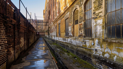 Abandoned industrial alley with weathered brick walls and puddles