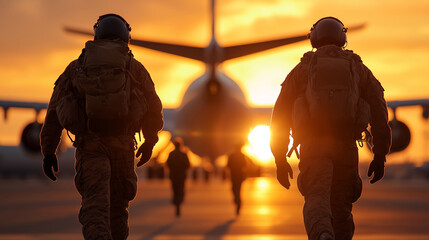 Silhouetted soldiers in full gear walking towards a large aircraft at sunset, creating a dramatic and patriotic scene.