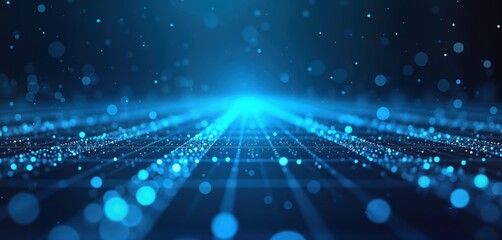 Futuristic abstract background features glowing blue light rays, grid pattern. Dynamic energy, digital matrix. Perfect backdrop for tech themes, modern design, sci-fi concepts. Illustration style