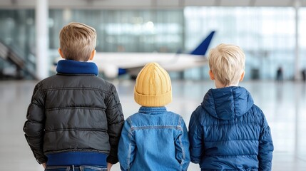 Three boys watch airplane in airport terminal, family travel