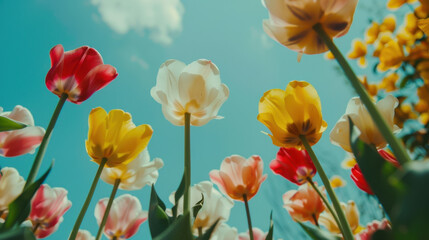 Fototapeta premium Bright tulips in various colors bloom against clear blue sky, creating vibrant and cheerful scene. flowers stand tall, showcasing their beauty and diversity