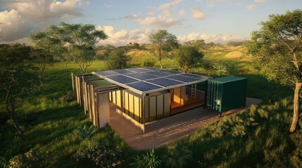 Modern sustainable solar powered cabin in natural landscape with container module extension