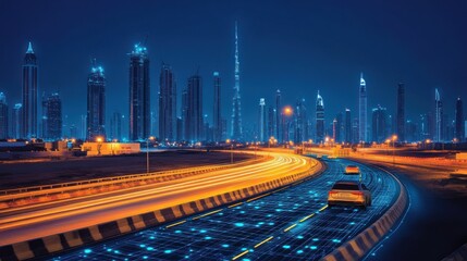 Fototapeta premium Autonomous vehicle driving on smart highway at night in futuristic city.