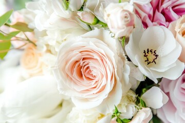 Delicate pastel flowers bouquet with soft pink roses, peonies, and white blossoms showcasing elegance and freshness for spring events