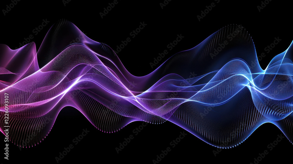 Poster colorful abstract wave patterns in purple and blue tones, creating dynamic visual effect. smooth cur