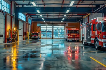 Interior of a fire station with fire trucks