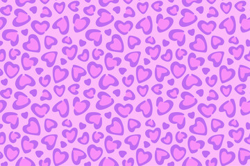 Leopard print background with hand drawn hearts, purple color, retro and modern style