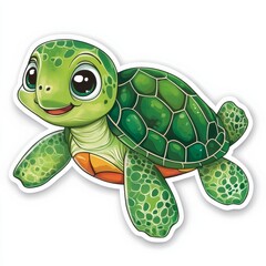 Fototapeta premium A cute and charming cartoon-style sticker of a smiling turtle with intricate green patterns on its shell, capturing a friendly oceanic essence effectively.