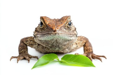 Fototapeta premium Close-up of a reptile with green leaves