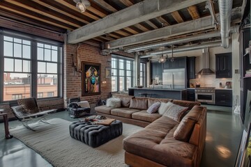 Fototapeta premium A Industrial interior design style loft living room featuring exposed brick walls, large windows, and a modern kitchen. The space includes a large brown sectional sofa, a plush area rug.