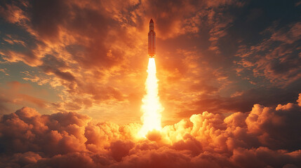 Rocket launch representing business growth marketing execution creative environment innovative viewpoint minimalistic bright tone modern blurred background with empty space for text or captions

