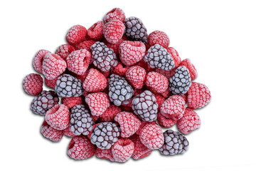 frozen pile of red and black berries covered with frost and ice