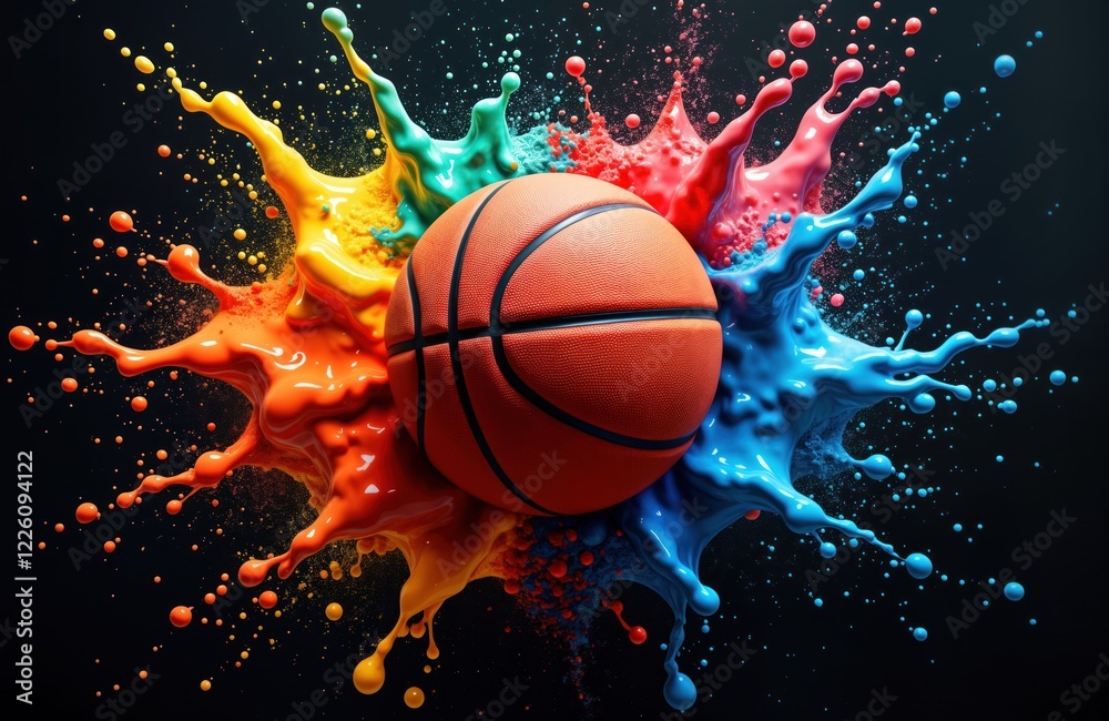 Poster vibrant basketball in dynamic splash of colorful paint. abstract sport illustration with bright oran