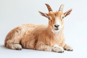 Fototapeta premium Adorable tan goat resting on white background.