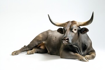 Majestic bull resting on white background