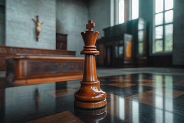 Elegant wooden chess king piece on a polished chessboard with a serene and atmospheric interior background featuring tall windows and vintage decor