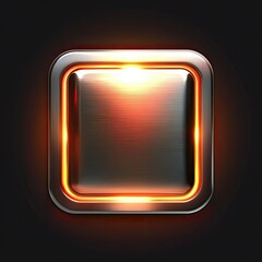 Glowing metallic square button with orange border.