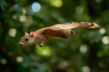 Obraz premium A solitary flying squirrel gliding gracefully amidst a backdrop of lush, green forest foliage, embodying the essence of freedom and natural beauty.