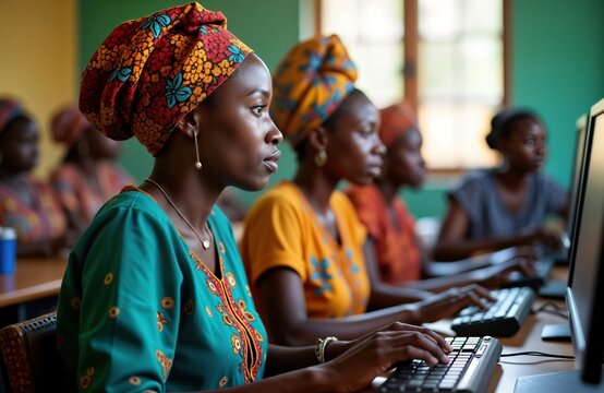 African women attend computer class. Focused learners interact with pcs in classroom setting. Students study tech skills. Adult education program empowering women. Women use computers for career