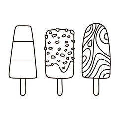 Colorful popsicles in various flavors. Thin line illustration.