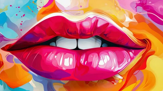 Rainbow Kiss Lips: Juicy female lips adorned in vibrant rainbow-colored lipstick, wet paint, 3D illustration