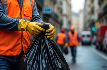 Obraz premium Urban sanitation workers clear city streets diligently. Worker carefully seals black garbage bag. Workers walk by. Eco-conscious urban scene happens outdoors on city street during daytime. City