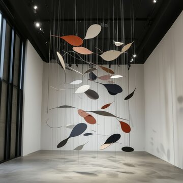 An abstract mobile sculpture with various colored shapes, gracefully suspended from the ceiling, creating a dynamic and fluid visual effect in a modern gallery space.