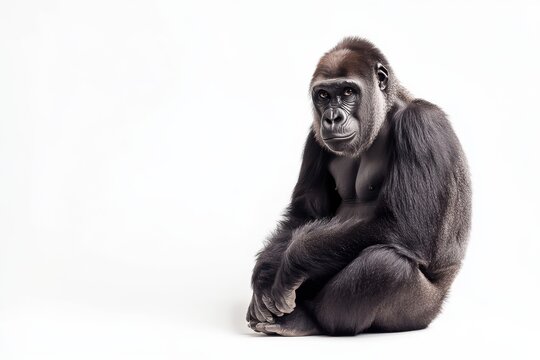 A young gorilla sits on a white background.