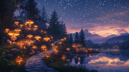 Enchanting Glowing Mushroom Pathway at Night