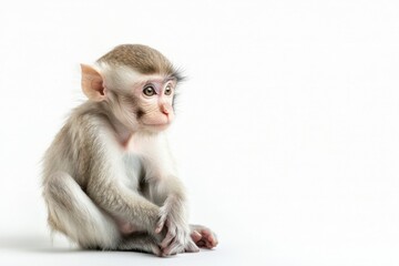 Adorable baby monkey sitting on white background.