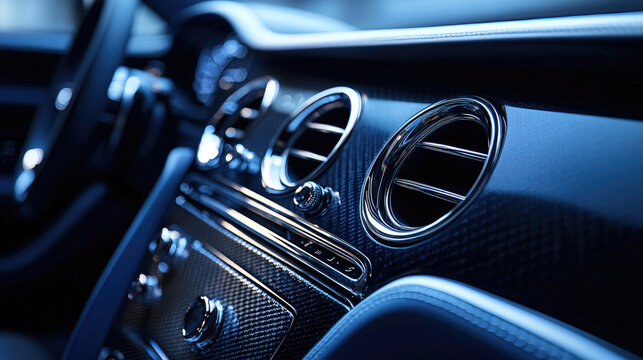 Luxury car interior with carbon fiber dashboard and chrome accents in close-up shot