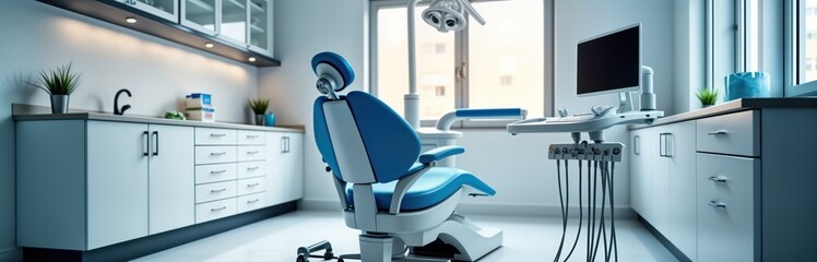 Modern dental clinic interior with high-tech equipment. Professional dental chair centered in room. Clean, modern office design. Advanced medical tech visible. Dental services advertisement for