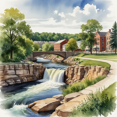 watercolor illustration of Fergus Falls, Minnesota, highlighting its picturesque natural beauty and serene atmosphere.