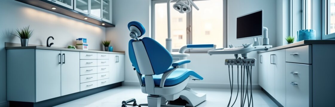 Modern dental clinic interior with high-tech equipment. Professional dental chair centered in room. Clean, modern office design. Advanced medical tech visible. Dental services advertisement for