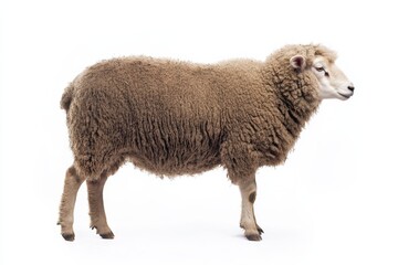 Obraz premium A fluffy sheep stands against a white background.