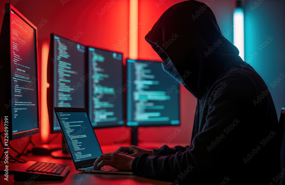 Poster man in hoodie types on laptop in dark room full of computer monitors showing code. hacker working la