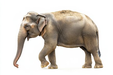 Fototapeta premium A young Asian elephant walks on a white background.
