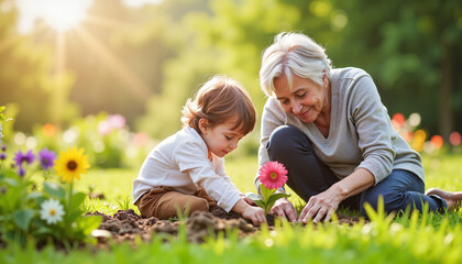 Joyful child and grandparent planting flowers in a sunny garden, happiness