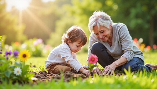 Joyful child and grandparent planting flowers in a sunny garden, happiness