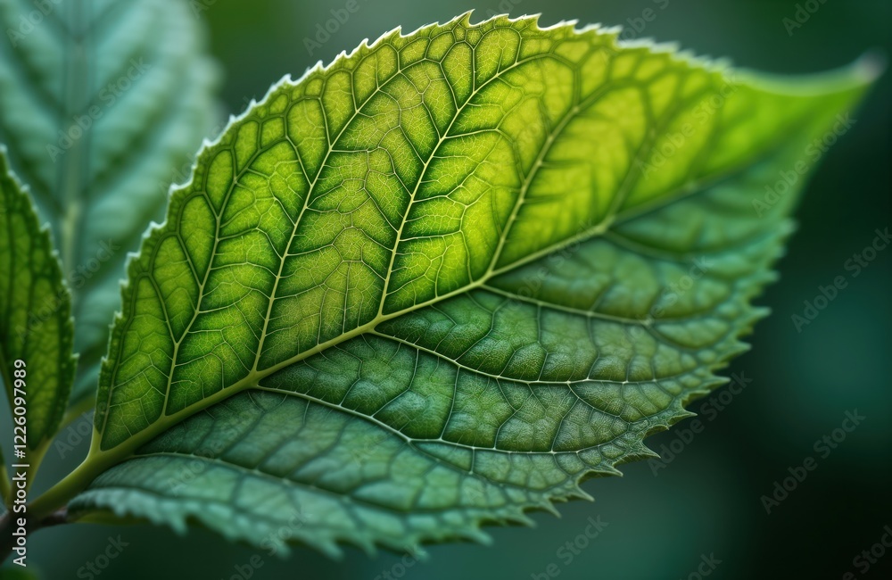 Poster close-up view of vibrant green leaf vein structure. detailed intricate network of veins visible. nat