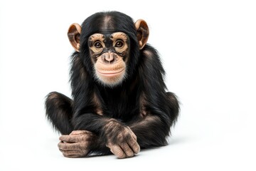 Naklejka premium Adorable baby chimpanzee sitting on white background.
