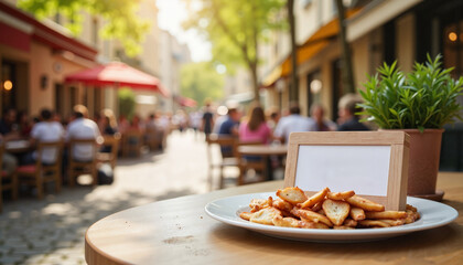 Fototapeta premium Warm café ambiance with outdoor dining, culinary delight. Menu mockup