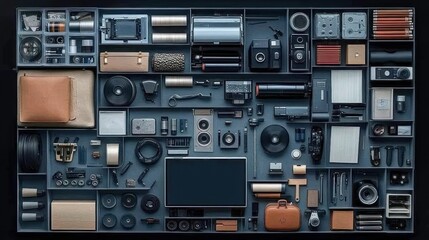 Obraz premium Organized collection of various tech and audio equipment neatly arranged in a tray.