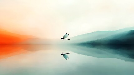 Fototapeta premium Tranquil Dragonfly Over Glassy Water Surface