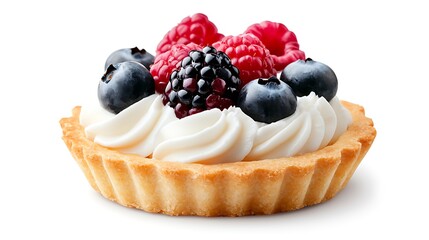 Delicious mini tart topped with whipped cream and fresh berries like raspberries, blueberries, and blackberries, isolated on white background.