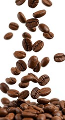 Obraz premium Coffee beans, scattered, curved arrangement, Coffee grounds explosion, dark brown particles, dynamic splatter isolated on white background.