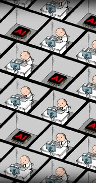 Artificial intelligence replacing some simple office work vertical video. Office employees transforming to AI  chip processors technology. 9:16 movie 2D linear doodle explainer style.