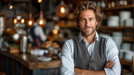 Confident entrepreneur standing proudly in a bustling cafe environment showcasing a modern, stylish interior with ambient lighting and warm decor